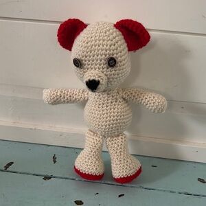 Crocheted Just a bear red ears, feet button eyes stitched nose 11” toe t…